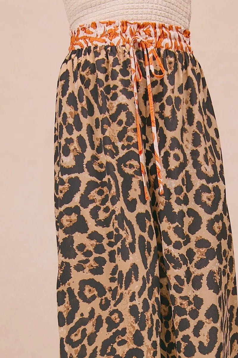 BiBi Leopard Print With Contrast Banded Wide Pants - Bitsy Gypsy Boutique