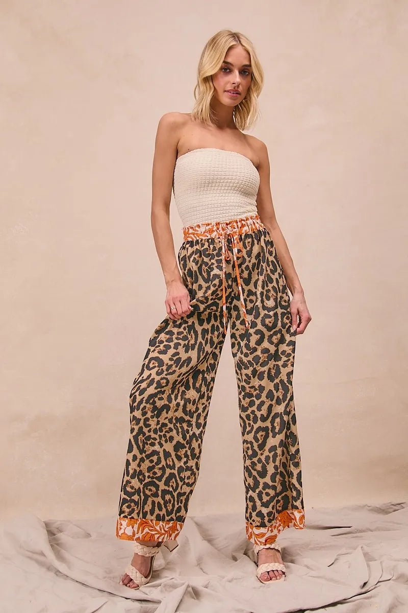 BiBi Leopard Print With Contrast Banded Wide Pants - Bitsy Gypsy Boutique
