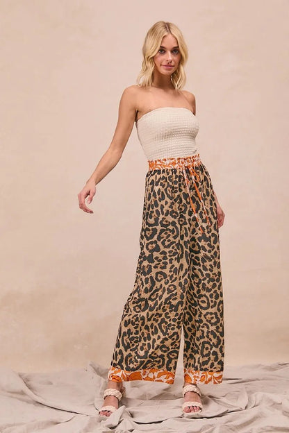 BiBi Leopard Print With Contrast Banded Wide Pants - Bitsy Gypsy Boutique