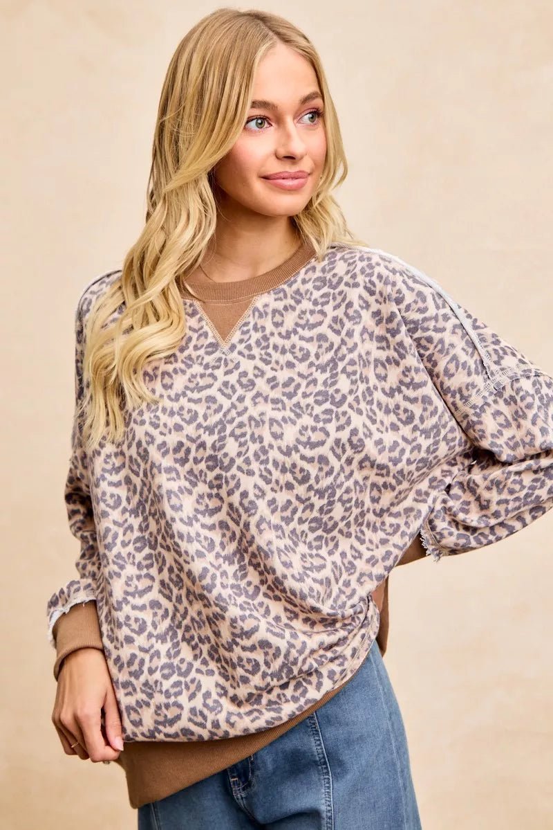 BiBi Leopard Printed French Terry Sweatshirt - Bitsy Gypsy Boutique