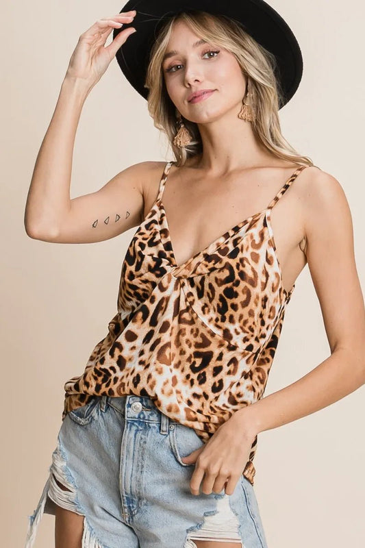 BiBi Leopard Printed Gauze Knit Twist Front Detailed Cami - Bitsy Gypsy Boutique