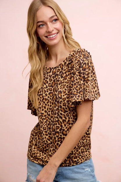 BiBi Leopard Printed Spandex Jersey Ruffle Sleeve Top - Bitsy Gypsy Boutique