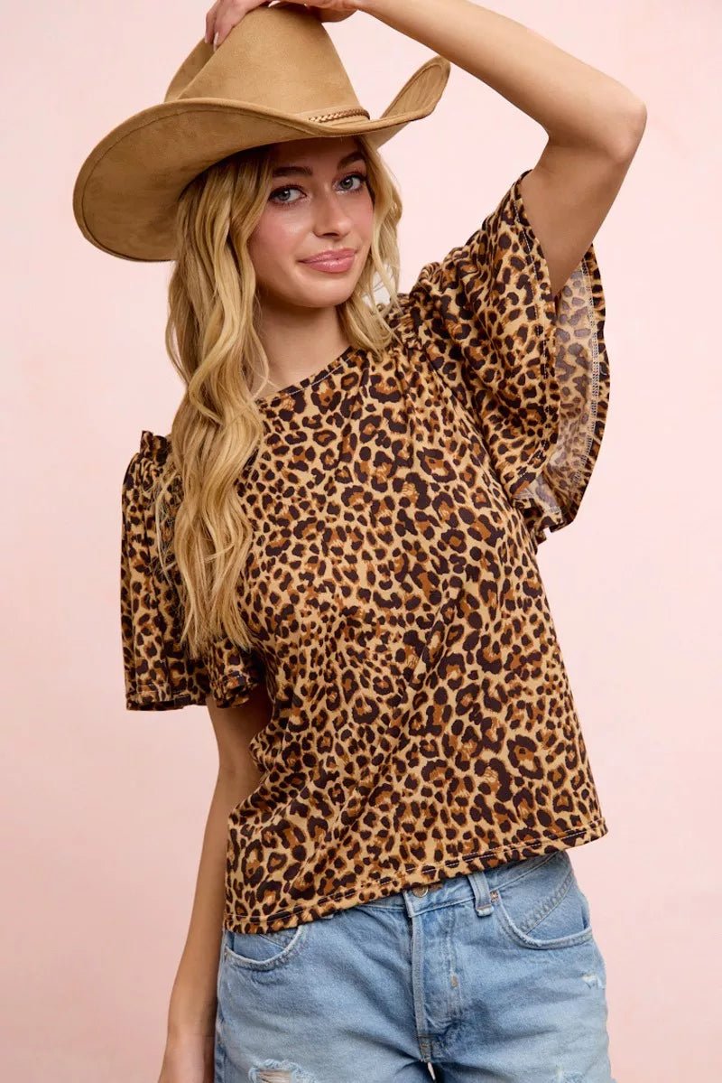 BiBi Leopard Printed Spandex Jersey Ruffle Sleeve Top - Bitsy Gypsy Boutique