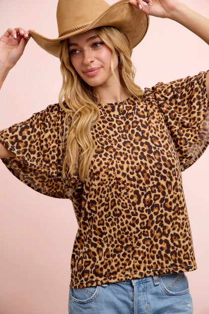 BiBi Leopard Printed Spandex Jersey Ruffle Sleeve Top - Bitsy Gypsy Boutique