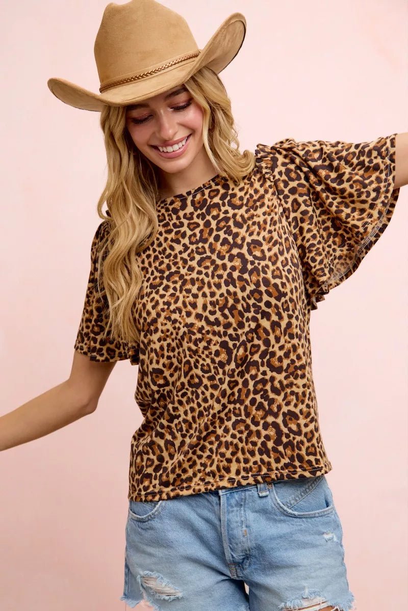 BiBi Leopard Printed Spandex Jersey Ruffle Sleeve Top - Bitsy Gypsy Boutique