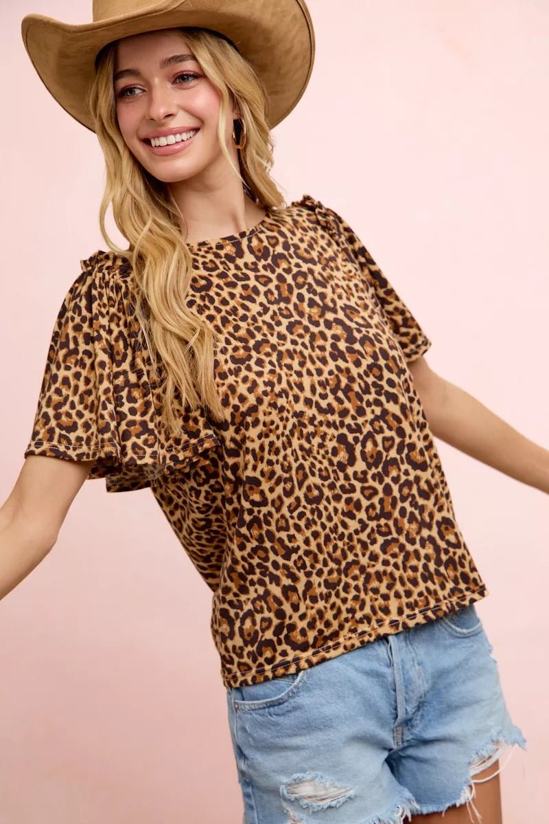 BiBi Leopard Printed Spandex Jersey Ruffle Sleeve Top - Bitsy Gypsy Boutique
