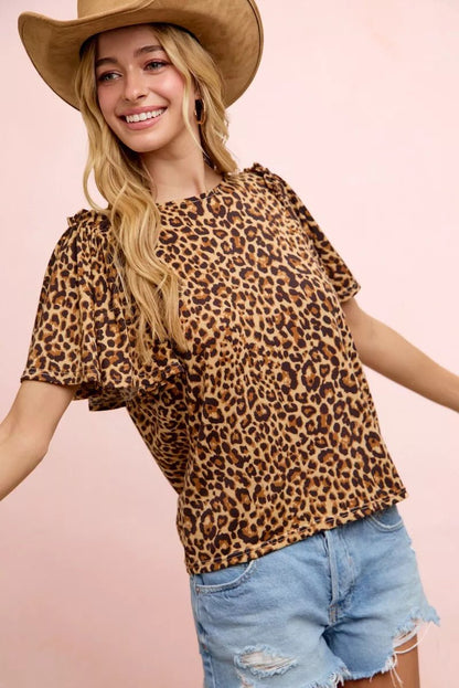 BiBi Leopard Printed Spandex Jersey Ruffle Sleeve Top - Bitsy Gypsy Boutique