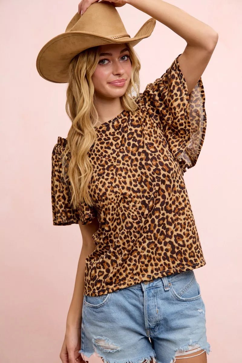 BiBi Leopard Printed Spandex Jersey Ruffle Sleeve Top - Bitsy Gypsy Boutique