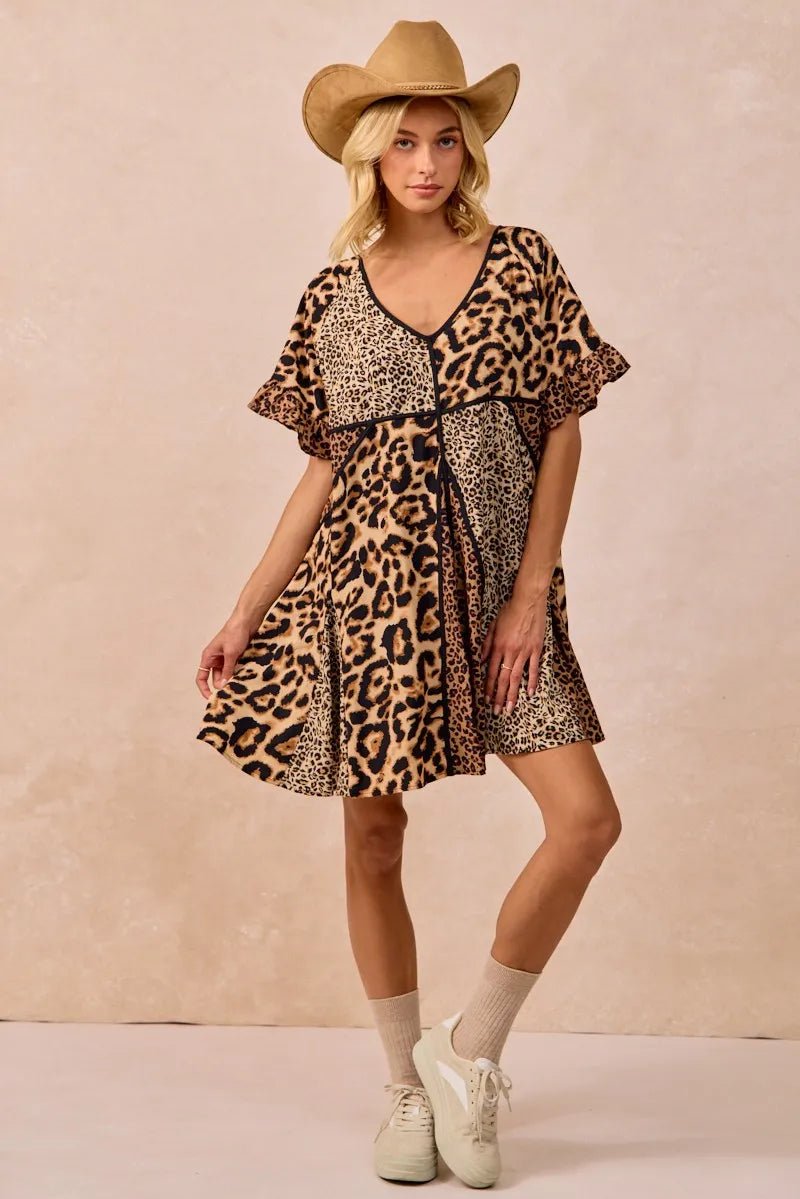 BiBi Leopard Prints Mix and Match Short Sleeves Dress - Bitsy Gypsy Boutique