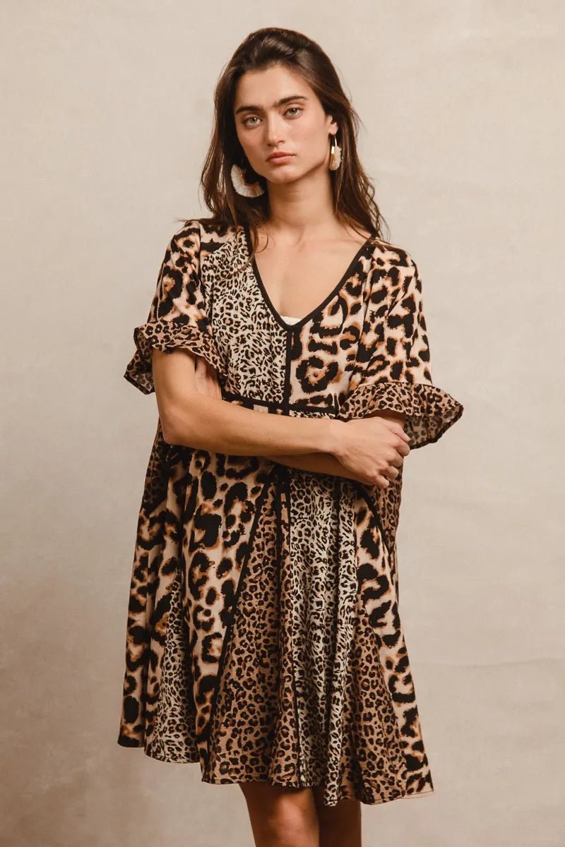 BiBi Leopard Prints Mix and Match Short Sleeves Dress - Bitsy Gypsy Boutique