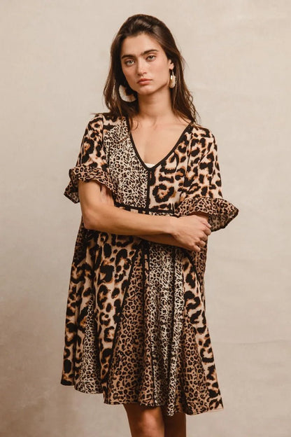 BiBi Leopard Prints Mix and Match Short Sleeves Dress - Bitsy Gypsy Boutique