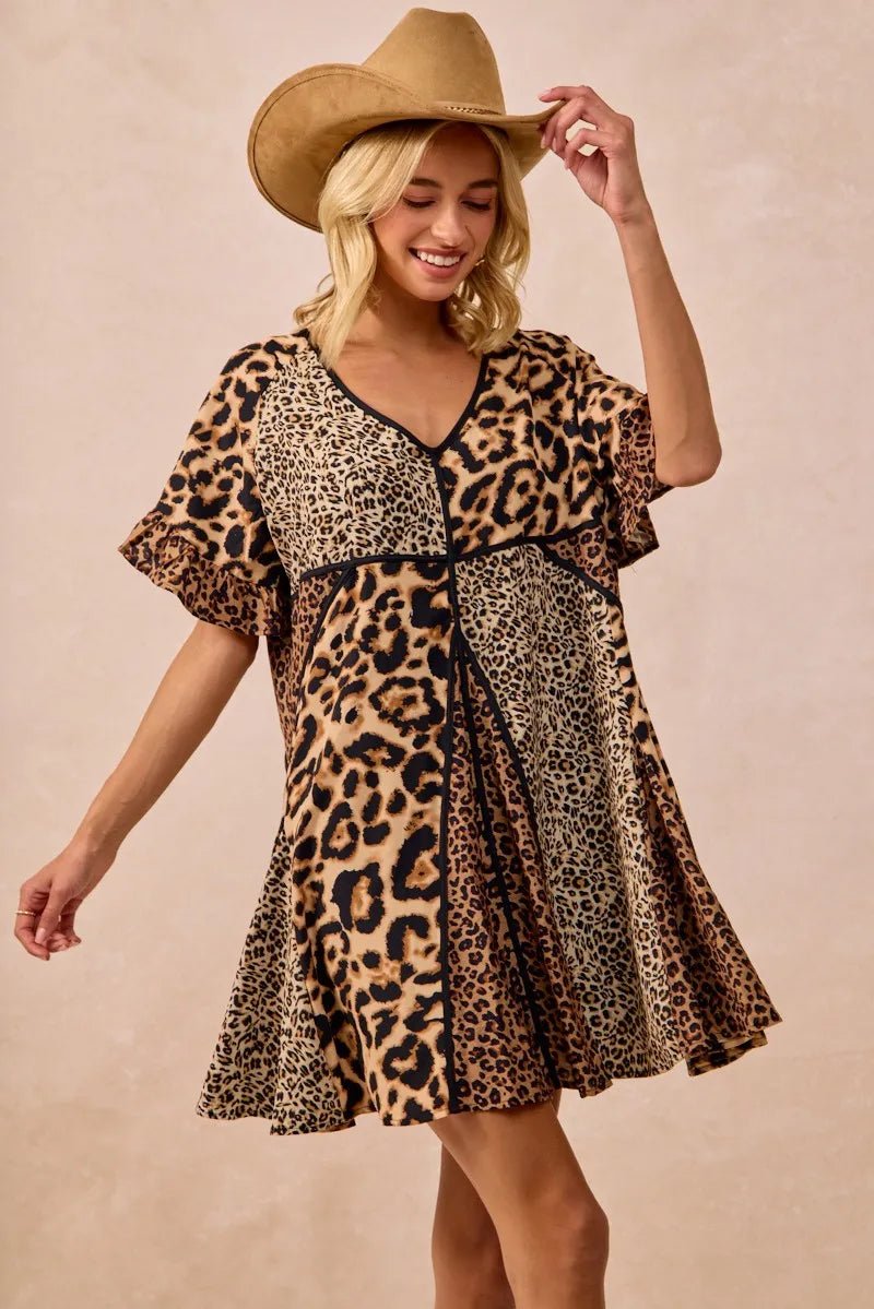 BiBi Leopard Prints Mix and Match Short Sleeves Dress - Bitsy Gypsy Boutique