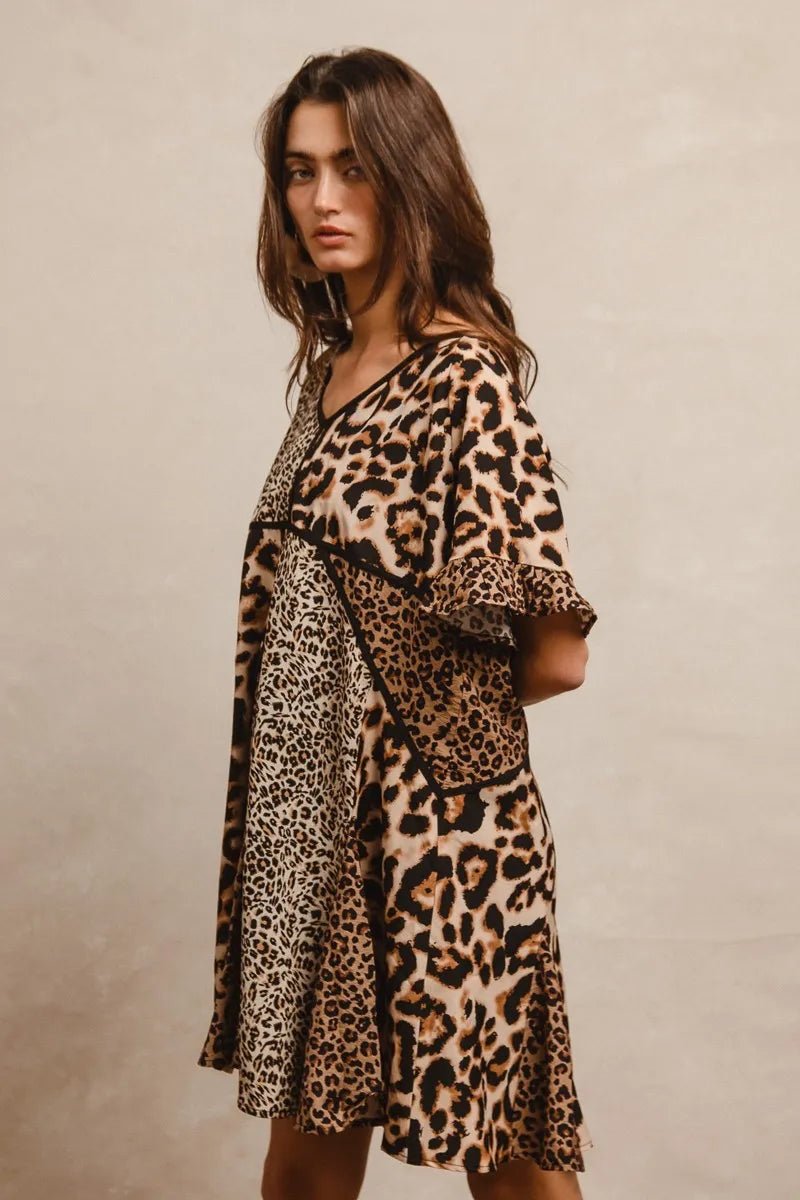 BiBi Leopard Prints Mix and Match Short Sleeves Dress - Bitsy Gypsy Boutique