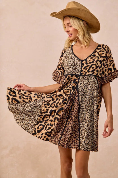 BiBi Leopard Prints Mix and Match Short Sleeves Dress - Bitsy Gypsy Boutique