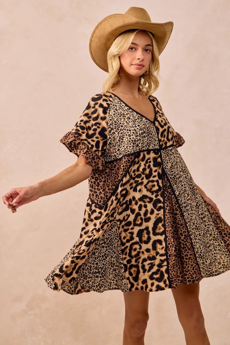 BiBi Leopard Prints Mix and Match Short Sleeves Dress - Bitsy Gypsy Boutique
