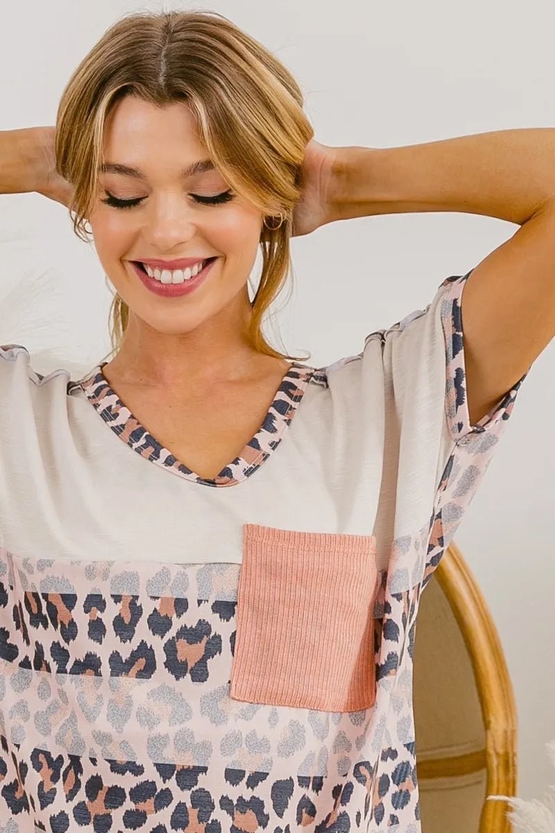 BiBi Leopard Stripe with Slub Terry Color Block T-Shirt - Bitsy Gypsy Boutique