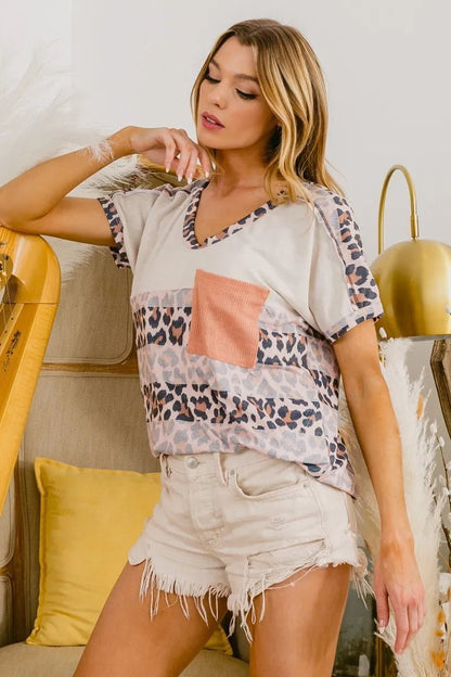 BiBi Leopard Stripe with Slub Terry Color Block T-Shirt - Bitsy Gypsy Boutique
