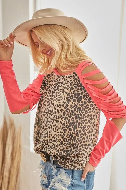 BiBi Leopard Thermal Top with Tie Dye Laser Cut Sleeves - Bitsy Gypsy Boutique