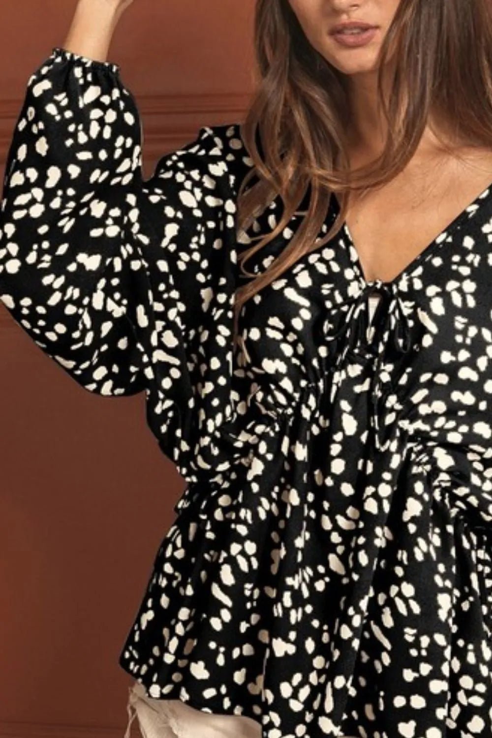 BiBi Leopard Woven Tied Spaghetti V Neck Lslv Top - Bitsy Gypsy Boutique