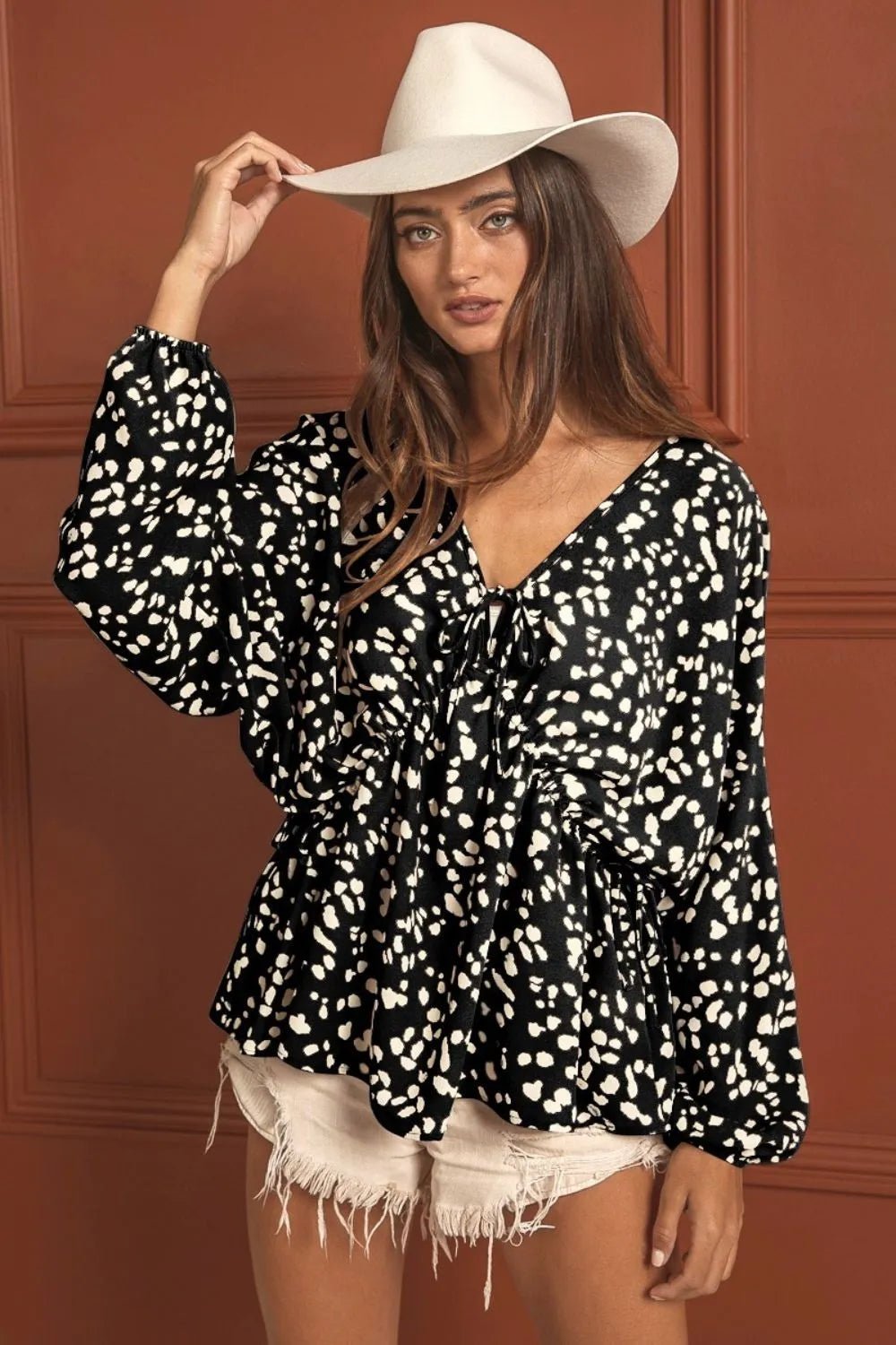 BiBi Leopard Woven Tied Spaghetti V Neck Lslv Top - Bitsy Gypsy Boutique