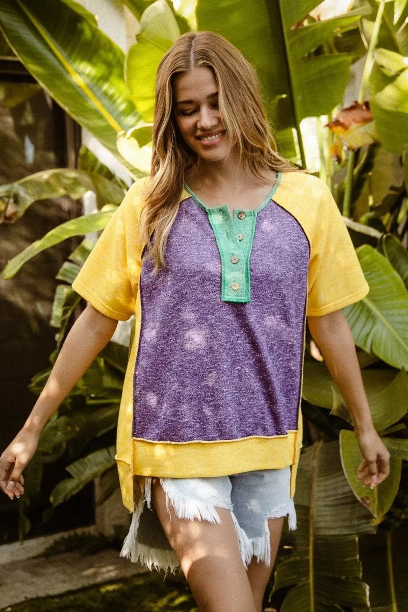 BiBi Mardi Gras Color Block Buttoned Uneven Hem Top - Bitsy Gypsy Boutique