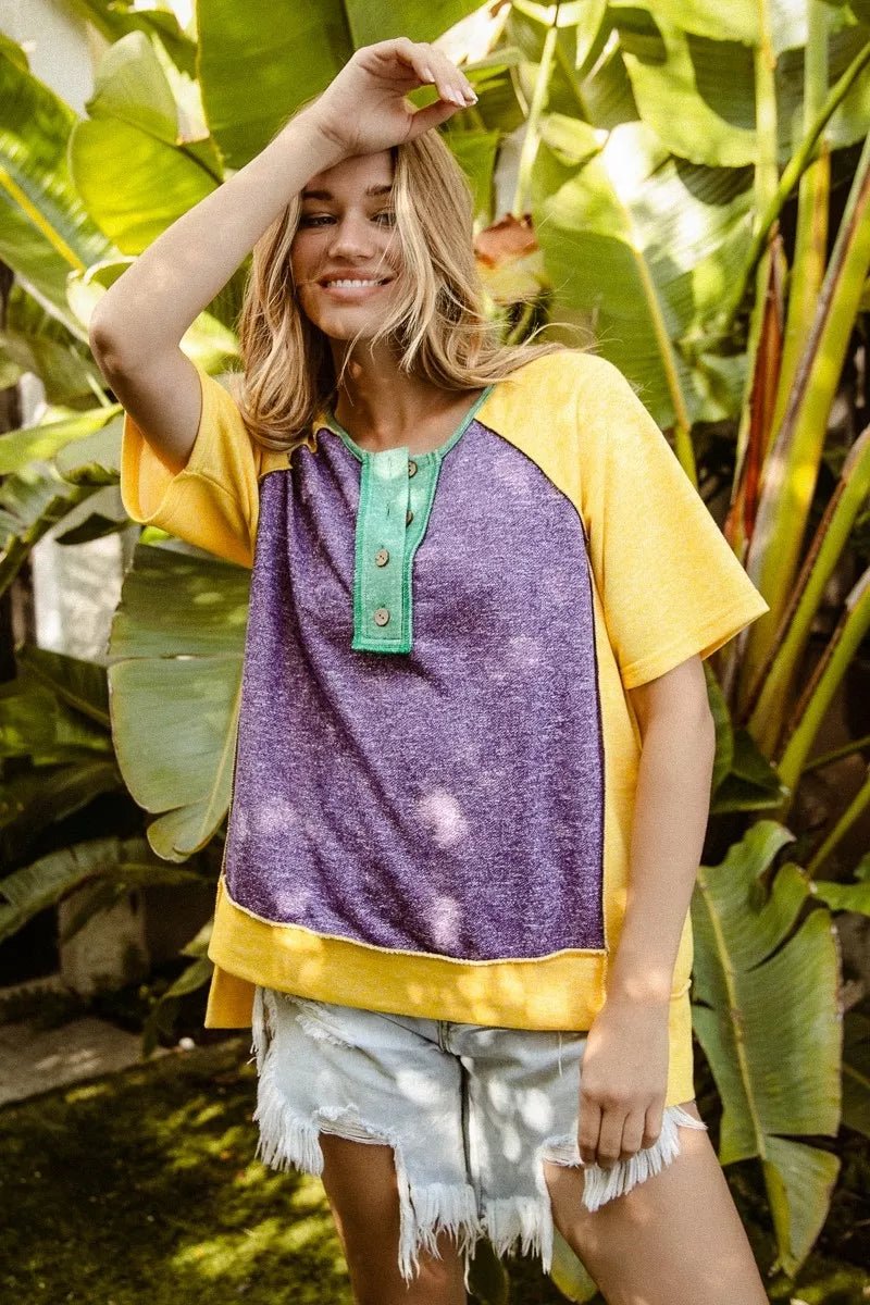BiBi Mardi Gras Color Block Buttoned Uneven Hem Top - Bitsy Gypsy Boutique
