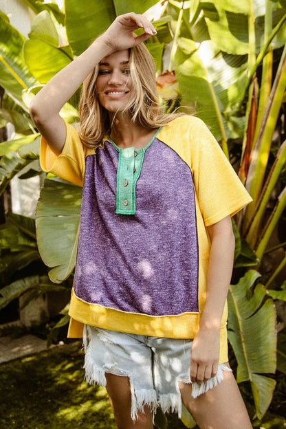 BiBi Mardi Gras Color Block Buttoned Uneven Hem Top - Bitsy Gypsy Boutique