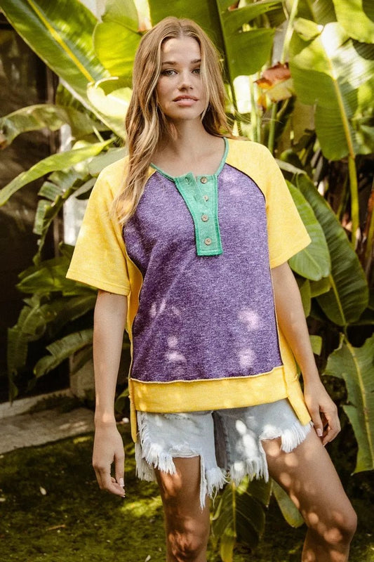 BiBi Mardi Gras Color Block Buttoned Uneven Hem Top - Bitsy Gypsy Boutique