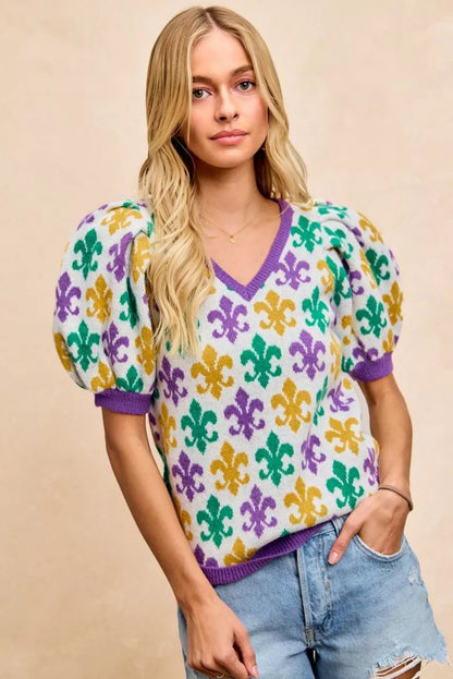 BiBi Mardi Gras Fleur De Lis Patterned V Neck Knit Top - Bitsy Gypsy Boutique