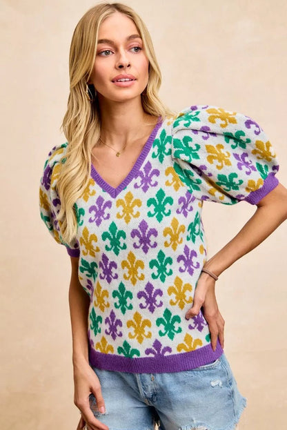 BiBi Mardi Gras Fleur De Lis Patterned V Neck Knit Top - Bitsy Gypsy Boutique
