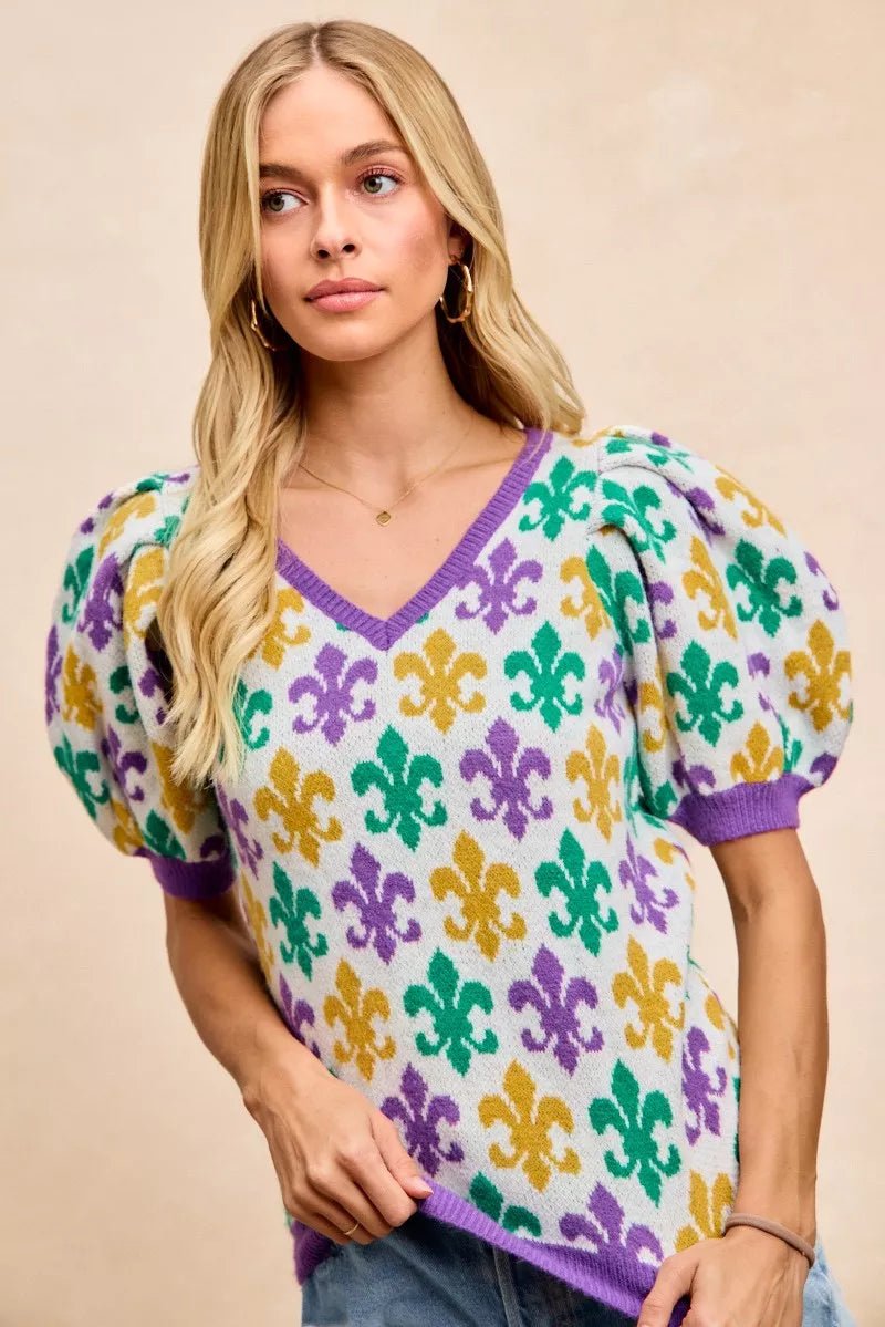 BiBi Mardi Gras Fleur De Lis Patterned V Neck Knit Top - Bitsy Gypsy Boutique