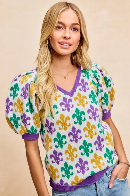 BiBi Mardi Gras Fleur De Lis Patterned V Neck Knit Top - Bitsy Gypsy Boutique