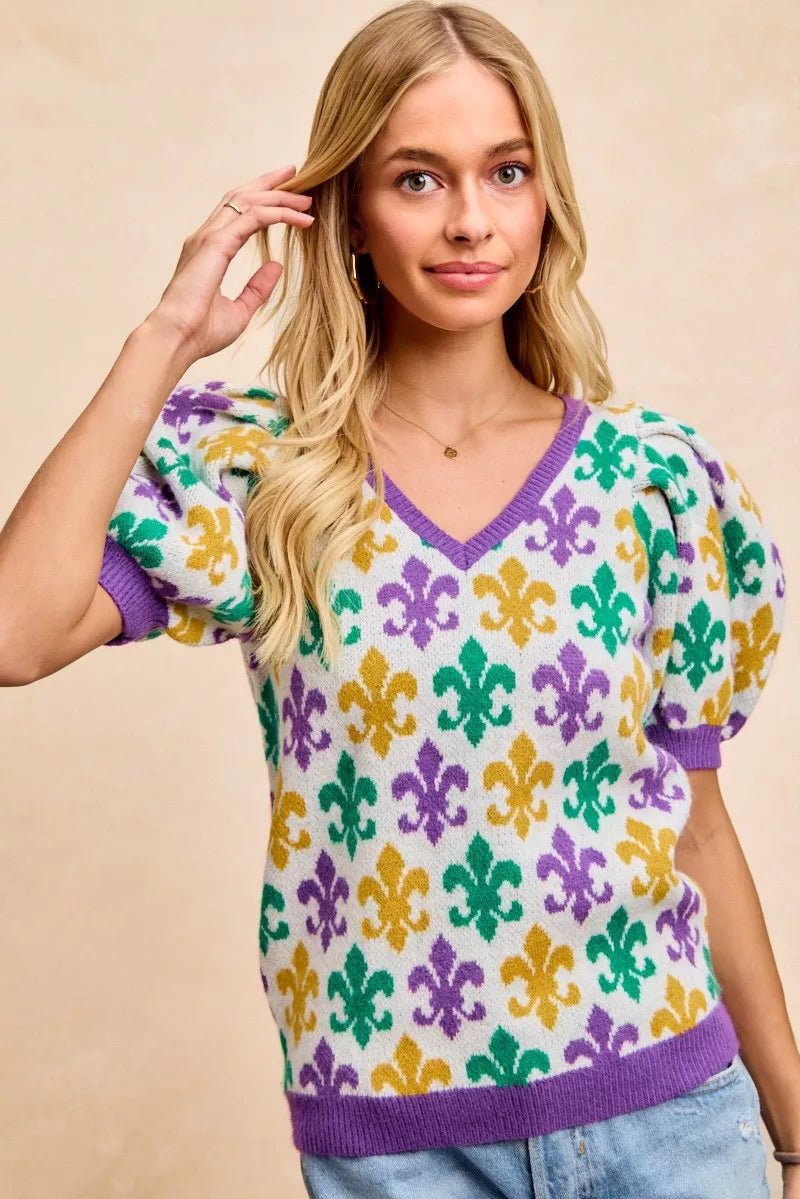 BiBi Mardi Gras Fleur De Lis Patterned V Neck Knit Top - Bitsy Gypsy Boutique