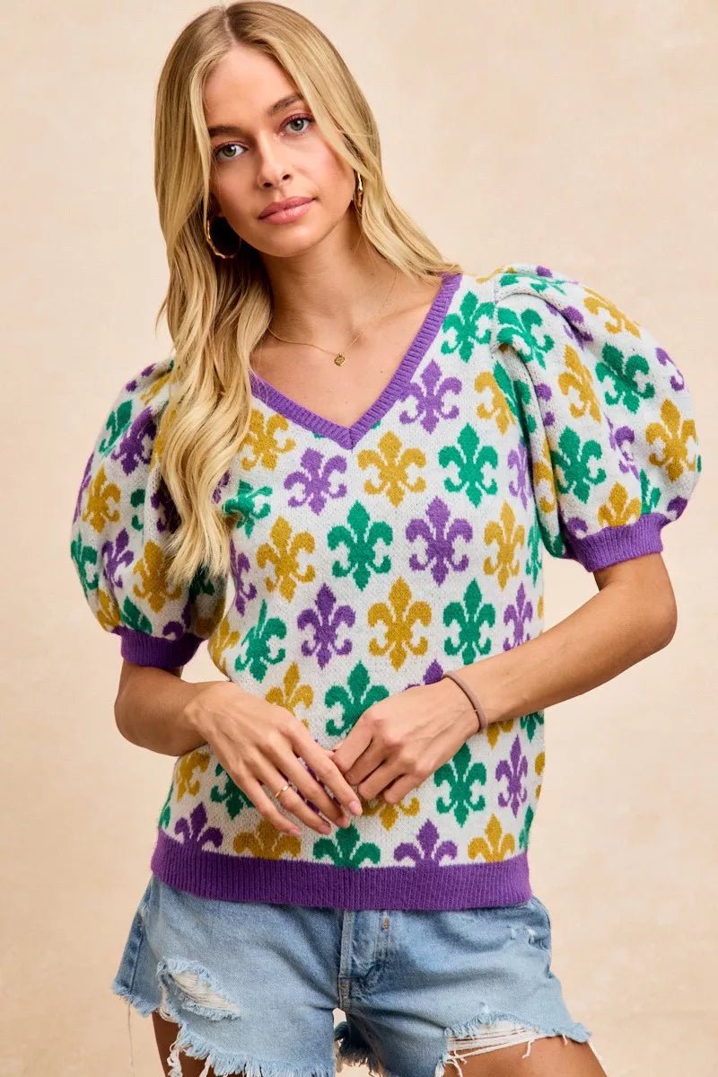 BiBi Mardi Gras Fleur De Lis Patterned V Neck Knit Top - Bitsy Gypsy Boutique