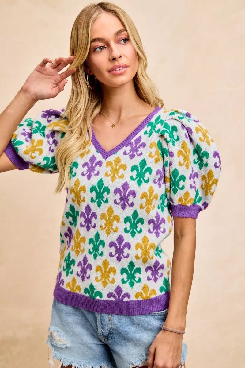 BiBi Mardi Gras Fleur De Lis Patterned V Neck Knit Top - Bitsy Gypsy Boutique
