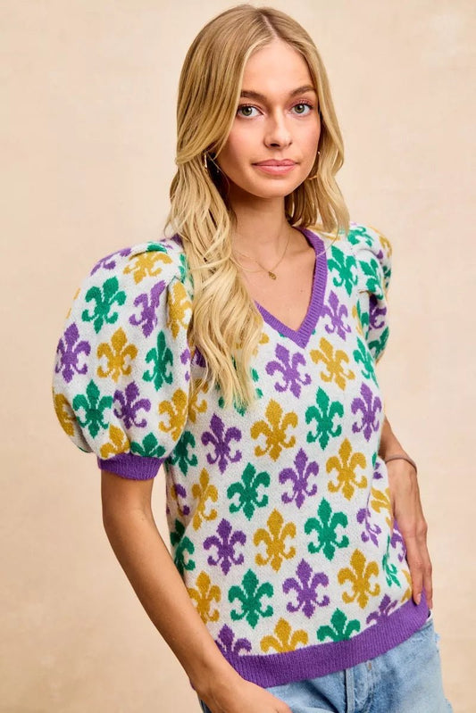 BiBi Mardi Gras Fleur De Lis Patterned V Neck Knit Top - Bitsy Gypsy Boutique