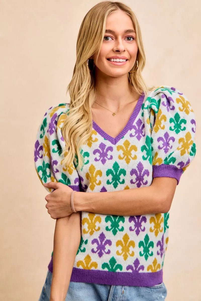 BiBi Mardi Gras Fleur De Lis Patterned V Neck Knit Top - Bitsy Gypsy Boutique