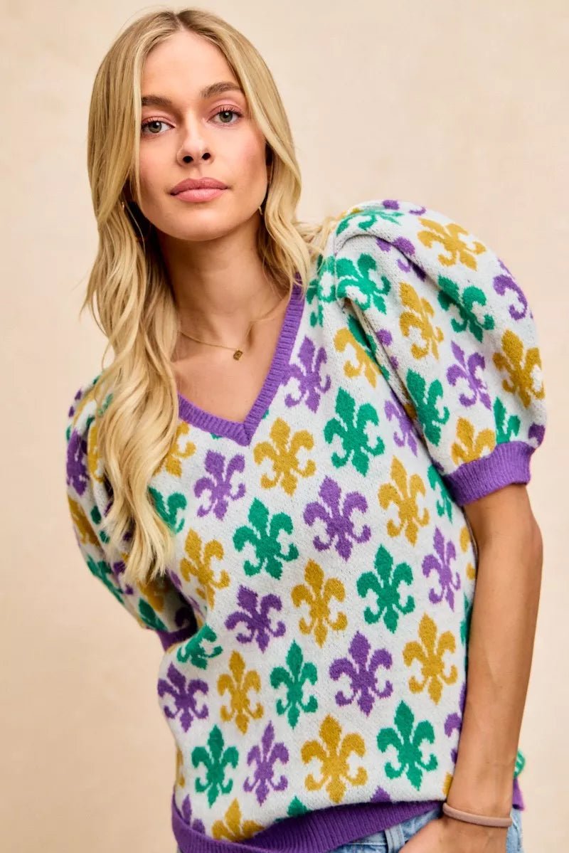 BiBi Mardi Gras Fleur De Lis Patterned V Neck Knit Top - Bitsy Gypsy Boutique
