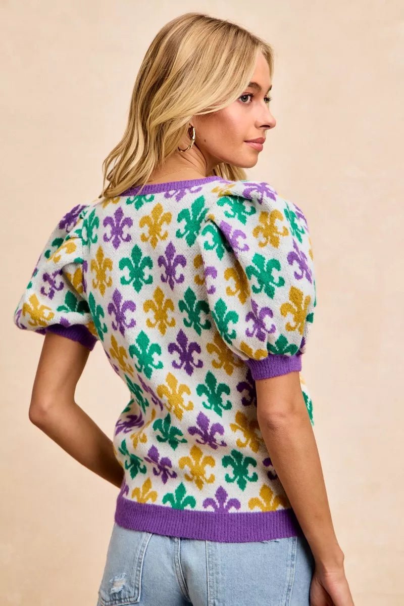 BiBi Mardi Gras Fleur De Lis Patterned V Neck Knit Top - Bitsy Gypsy Boutique
