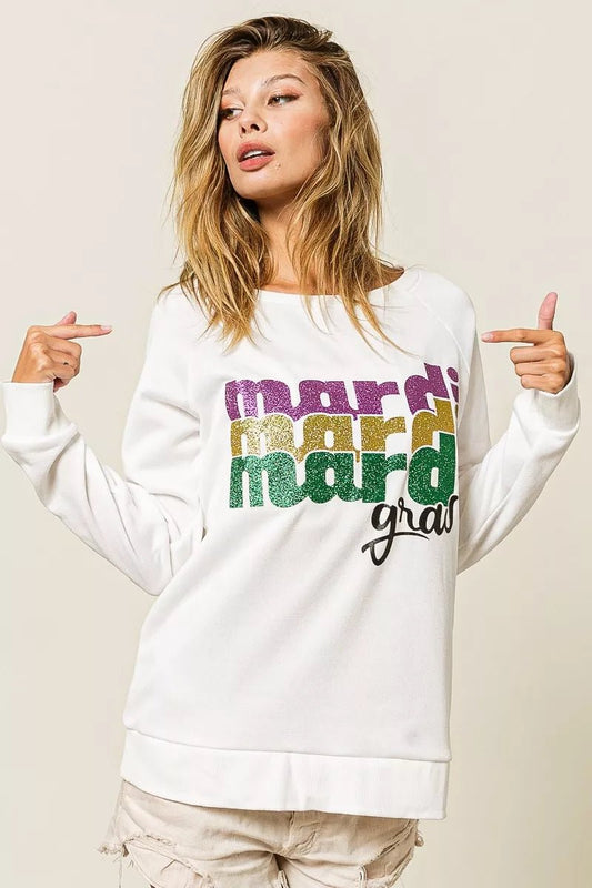 BiBi Mardi Gras Glitter Lettering Sweatshirt - Bitsy Gypsy Boutique