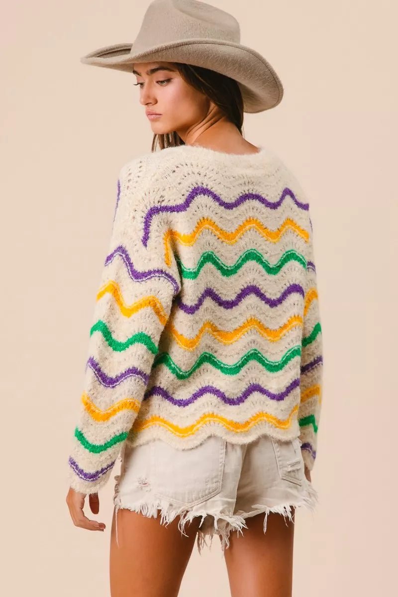 BiBi Mardi Gras Wavy Stripes V - Neck Sweater - Bitsy Gypsy Boutique