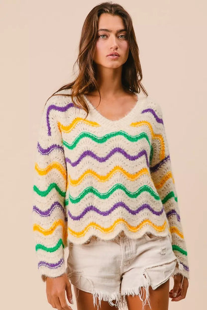 BiBi Mardi Gras Wavy Stripes V - Neck Sweater - Bitsy Gypsy Boutique
