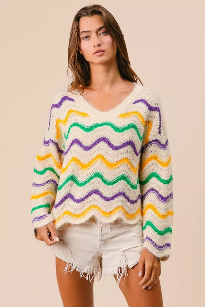 BiBi Mardi Gras Wavy Stripes V - Neck Sweater - Bitsy Gypsy Boutique