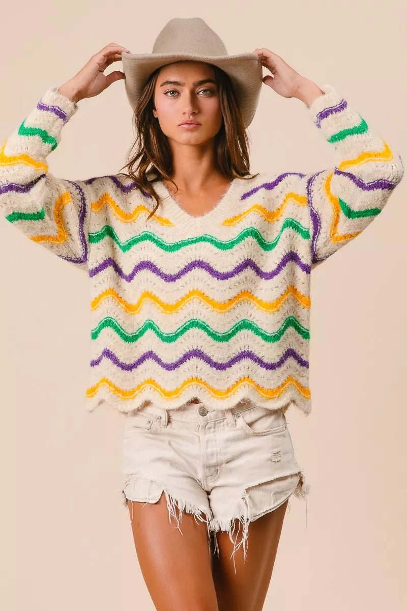 BiBi Mardi Gras Wavy Stripes V - Neck Sweater - Bitsy Gypsy Boutique
