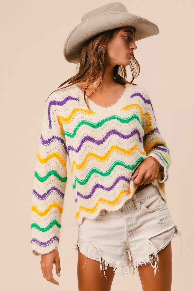 BiBi Mardi Gras Wavy Stripes V - Neck Sweater - Bitsy Gypsy Boutique