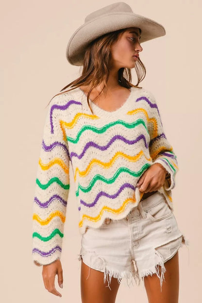 BiBi Mardi Gras Wavy Stripes V - Neck Sweater - Bitsy Gypsy Boutique
