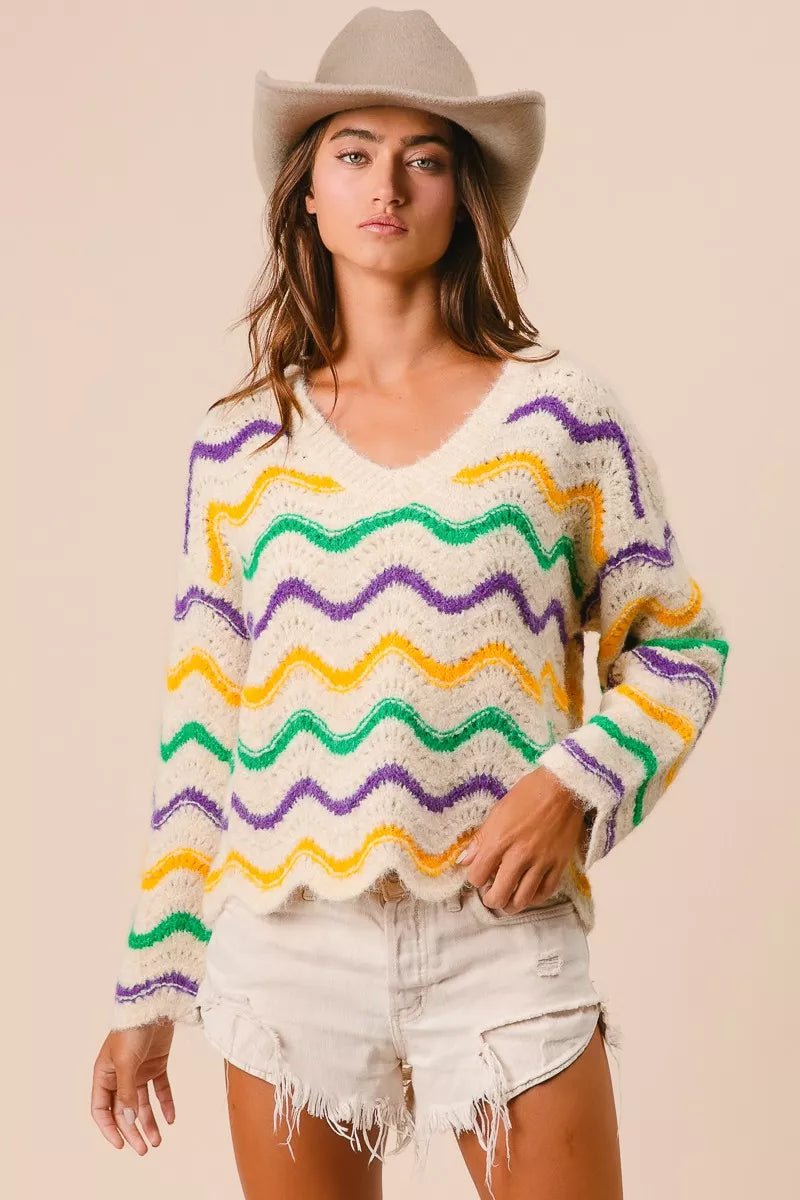 BiBi Mardi Gras Wavy Stripes V - Neck Sweater - Bitsy Gypsy Boutique