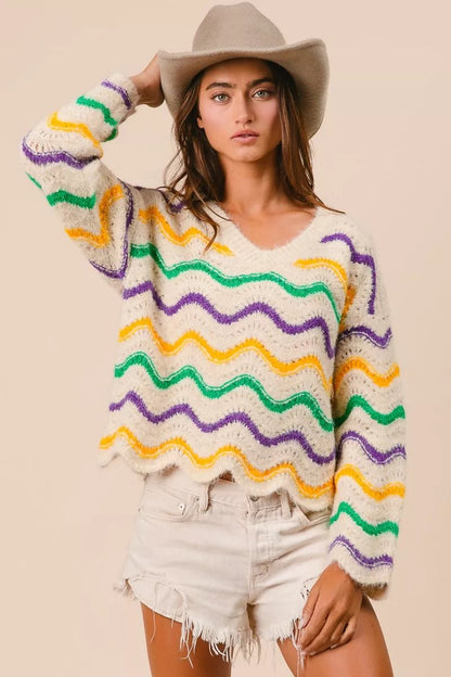 BiBi Mardi Gras Wavy Stripes V - Neck Sweater - Bitsy Gypsy Boutique
