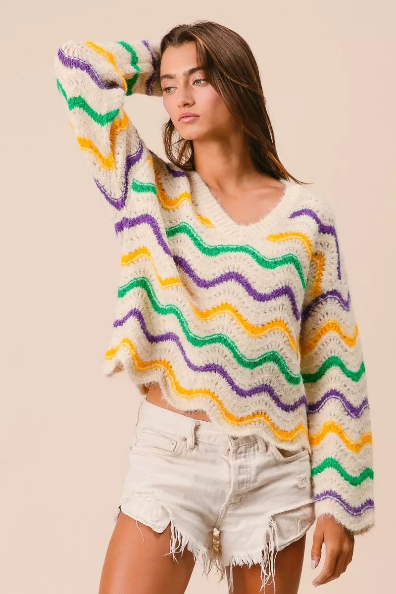 BiBi Mardi Gras Wavy Stripes V - Neck Sweater - Bitsy Gypsy Boutique