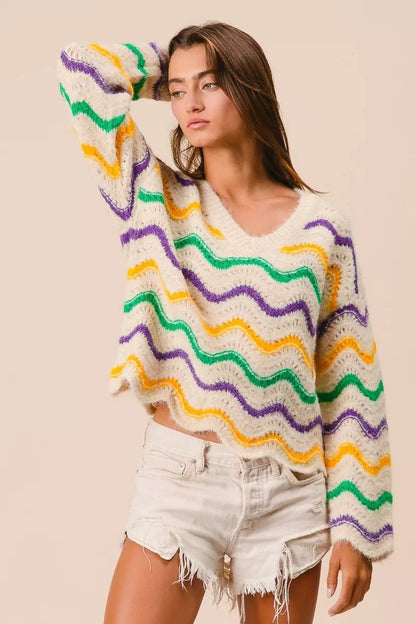 BiBi Mardi Gras Wavy Stripes V - Neck Sweater - Bitsy Gypsy Boutique